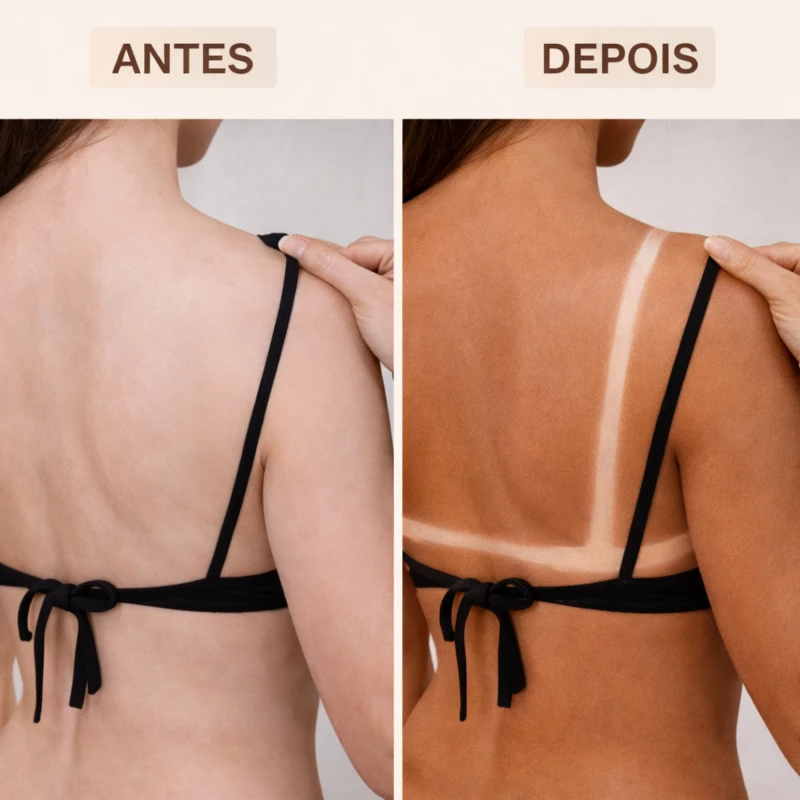 Contraste visível na marca do biquíni após uso do Creme Parafina Bronzeadora Labotrat