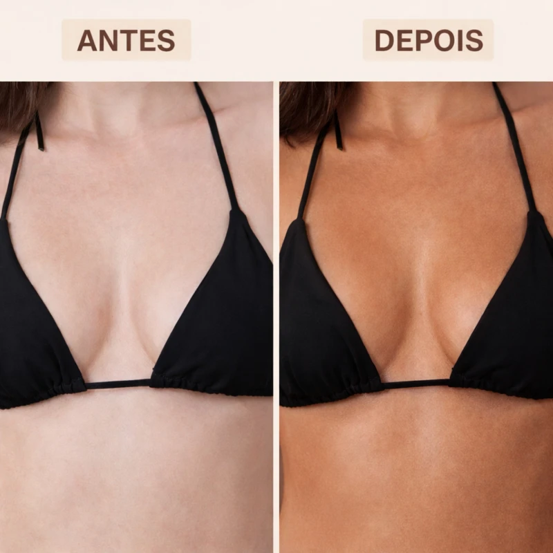 Antes e depois do uso do Creme Parafina Bronzeadora Labotrat – marquinha evidente de biquíni e tom dourado uniforme