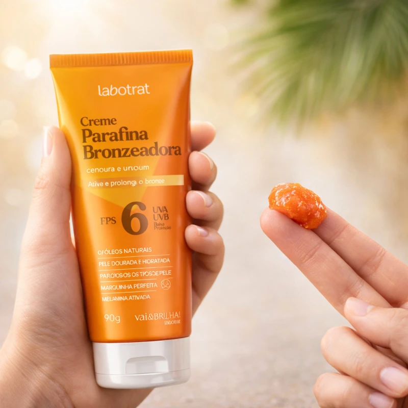Textura cremosa alaranjada do Creme Parafina Bronzeadora Labotrat com cenoura e urucum