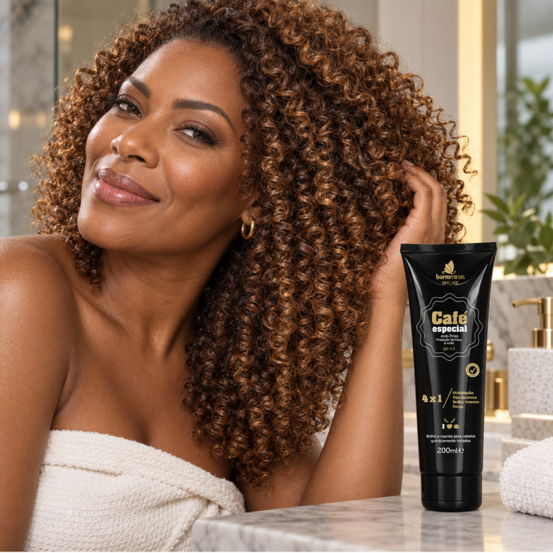 Creme para Pentear Anti-Frizz Café Especial BARROMINAS 200ml em cabelo cacheado com frizz controlado e cachos definidos