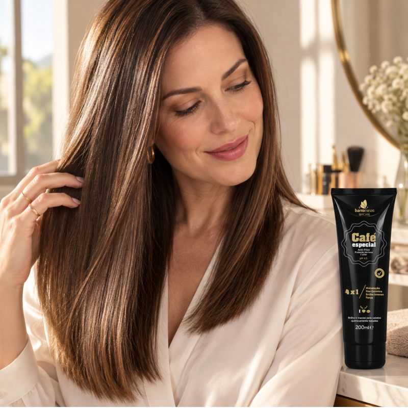 Creme para Pentear Anti-Frizz Café Especial BARROMINAS 200ml em cabelo liso alinhado com proteção térmica