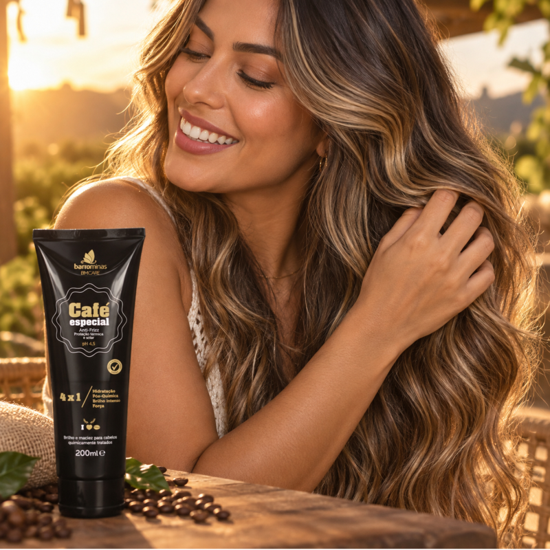 Creme para Pentear Anti-Frizz Café Especial BARROMINAS 200ml em cabelo ondulado com luzes, brilho e movimento