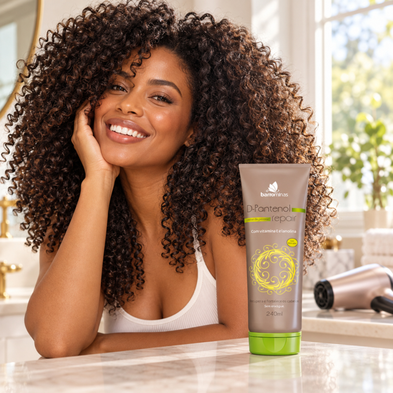 Creme para Pentear D-Pantenol Repair BARROMINAS em cabelo finalizado, macio, protegido e com pontas cuidadas