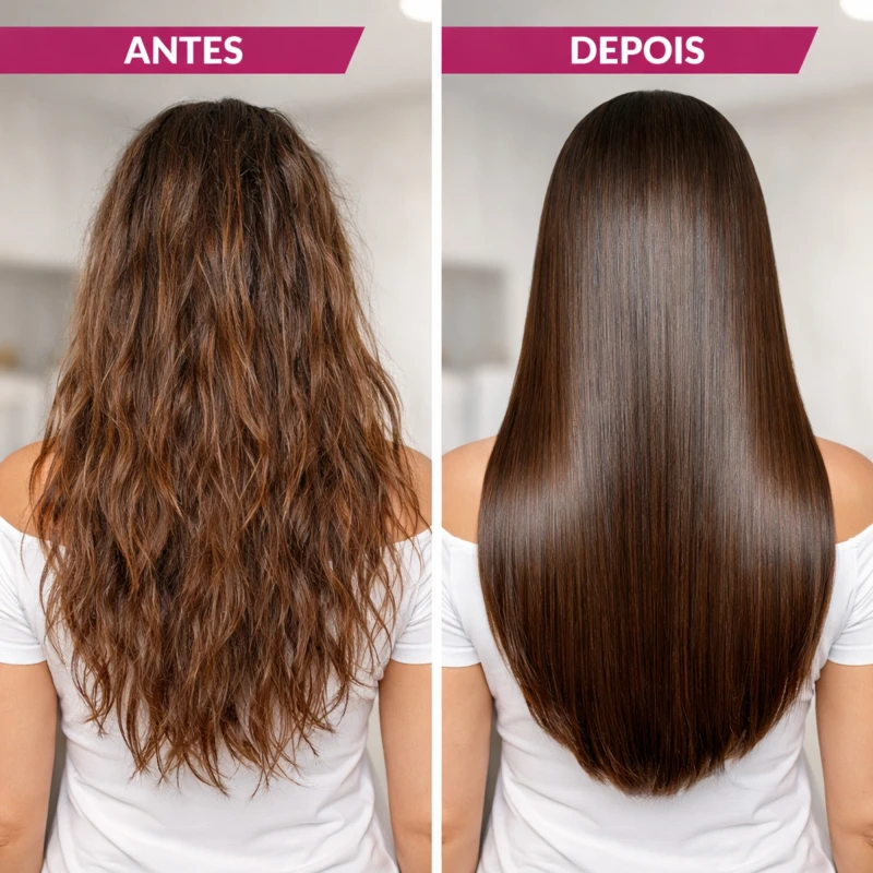 Antes e depois do Leave-in BARROMINAS Liso Que Te Quero em cabelo castanho com frizz