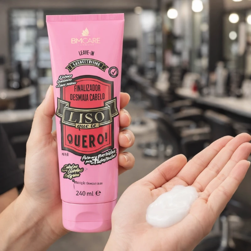 Textura cremosa branca do Leave-in BARROMINAS Liso Que Te Quero com Linhaça, Queratina e Óleos Nobres