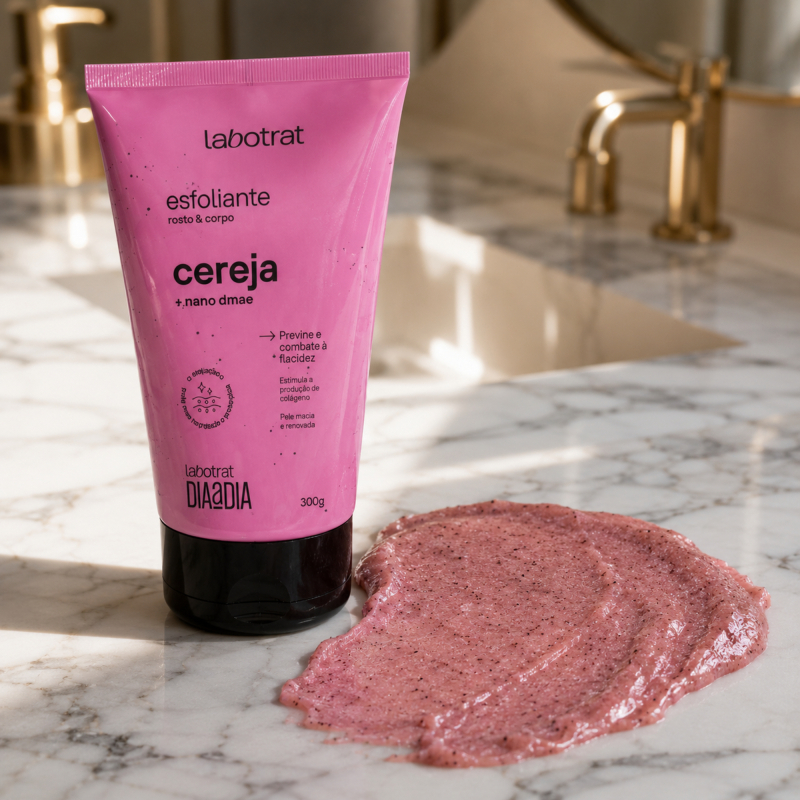 Textura do Esfoliante Rosto e Corpo LABOTRAT Cereja 150g mostrando creme rosa com partículas esfoliantes finas