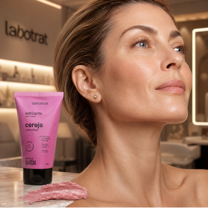Esfoliante Rosto e Corpo LABOTRAT Cereja 150g demonstrando uso facial e corporal