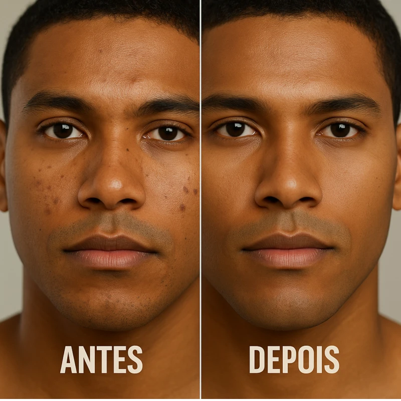 Antes e depois – pele morena com melhora na textura e redução da oleosidade após uso do Esfoliante Facial Detox Mr Thomas Men Care
