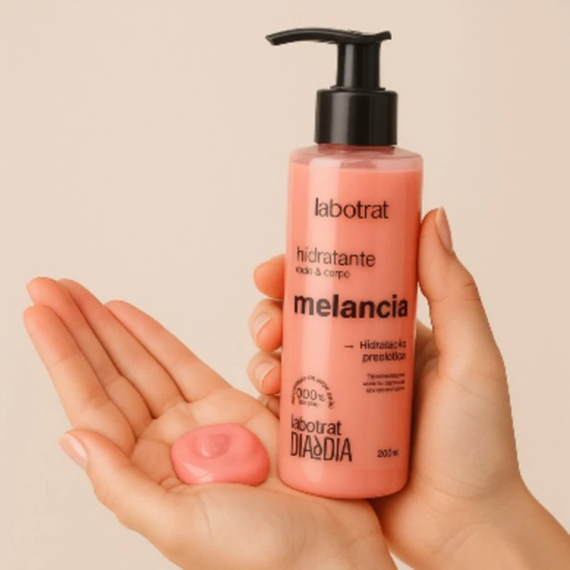Textura cremosa e leve do Hidratante Labotrat Melancia para rosto e corpo