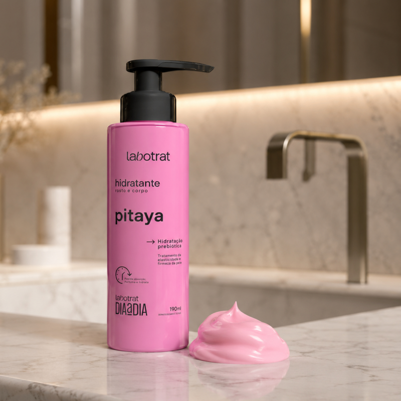 Textura cremosa do Hidratante Rosto e Corpo Pitaya Labotrat com rápida absorção e toque aveludado