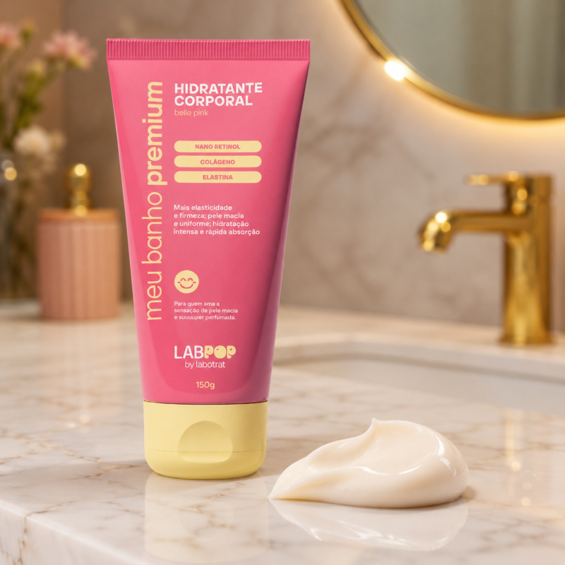 Textura cremosa do Hidratante Corporal LabPOP Belle Pink Labotrat mostrando creme branco de rápida absorção