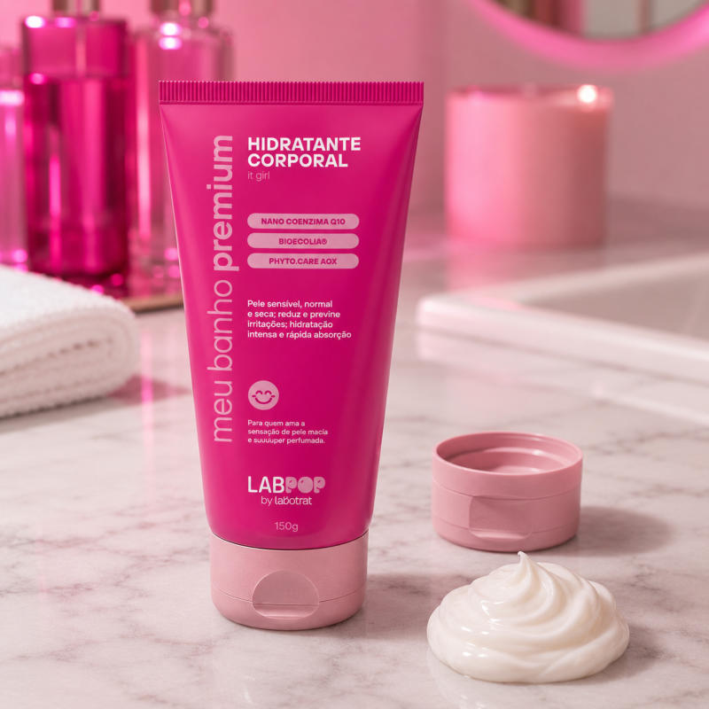 Textura cremosa do Hidratante Corporal It Girl LabPop LABOTRAT mostrando creme branco de rápida absorção