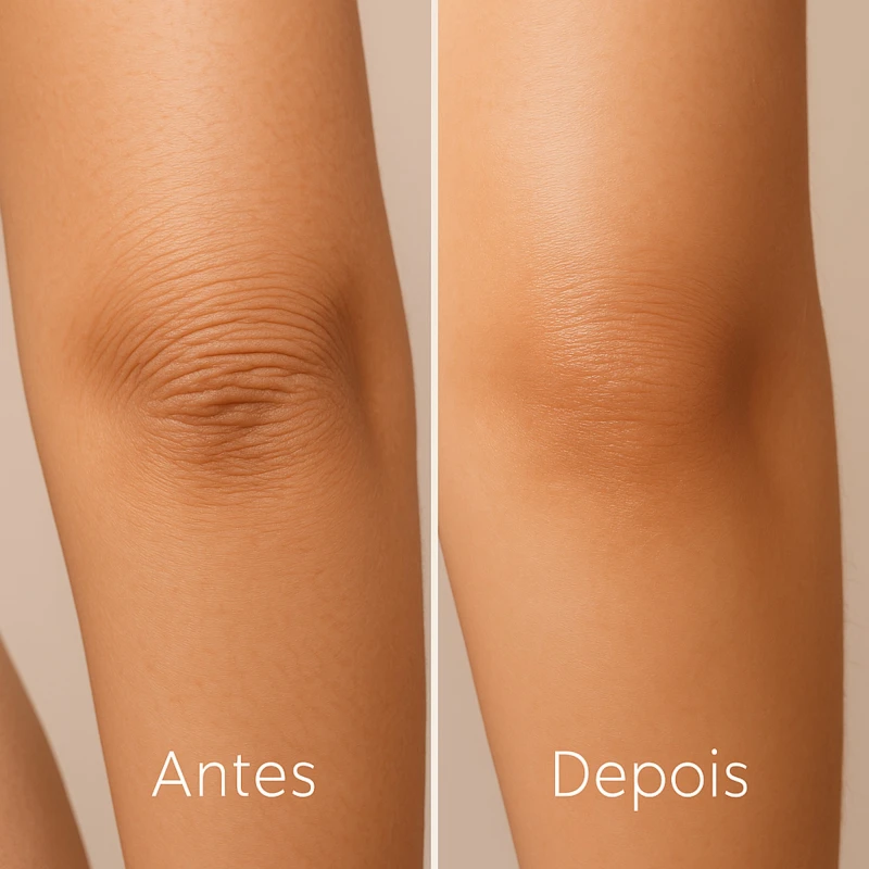 Antes e depois do Hidratante Corporal LabPOP Green Breeze - melhora visível em áreas ressecadas como cotovelos