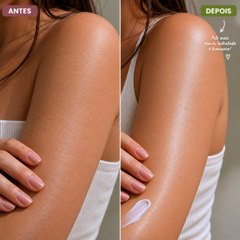 Antes e depois do Hidratante Corporal LABOTRAT Green Breeze mostrando pele do corpo mais hidratada, macia e luminosa