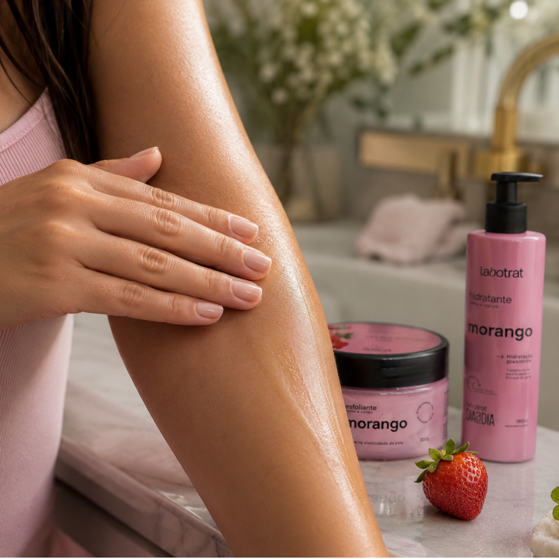 Kit LABOTRAT Morango com esfoliante e hidratante para pele com brilho natural