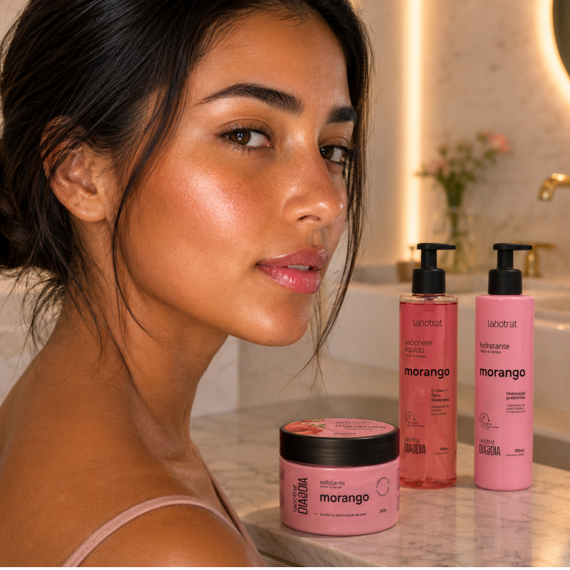 Kit LABOTRAT Morango com hidratante esfoliante e sabonete para pele aveludada