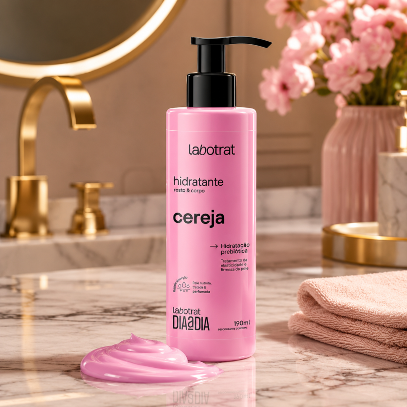 Textura cremosa do Hidratante Rosto e Corpo Cereja Labotrat com cor rosa cereja e aparência hidratante