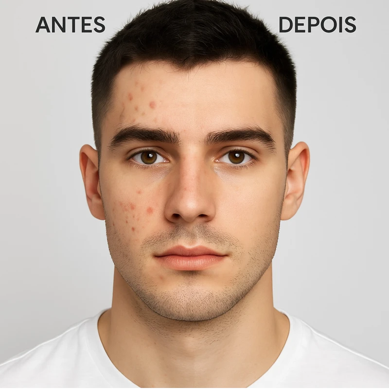 Antes e depois do Kit Antiacne Labotrat Dermo Skin - resultado em pele masculina com controle de oleosidade e poros desobstruídos