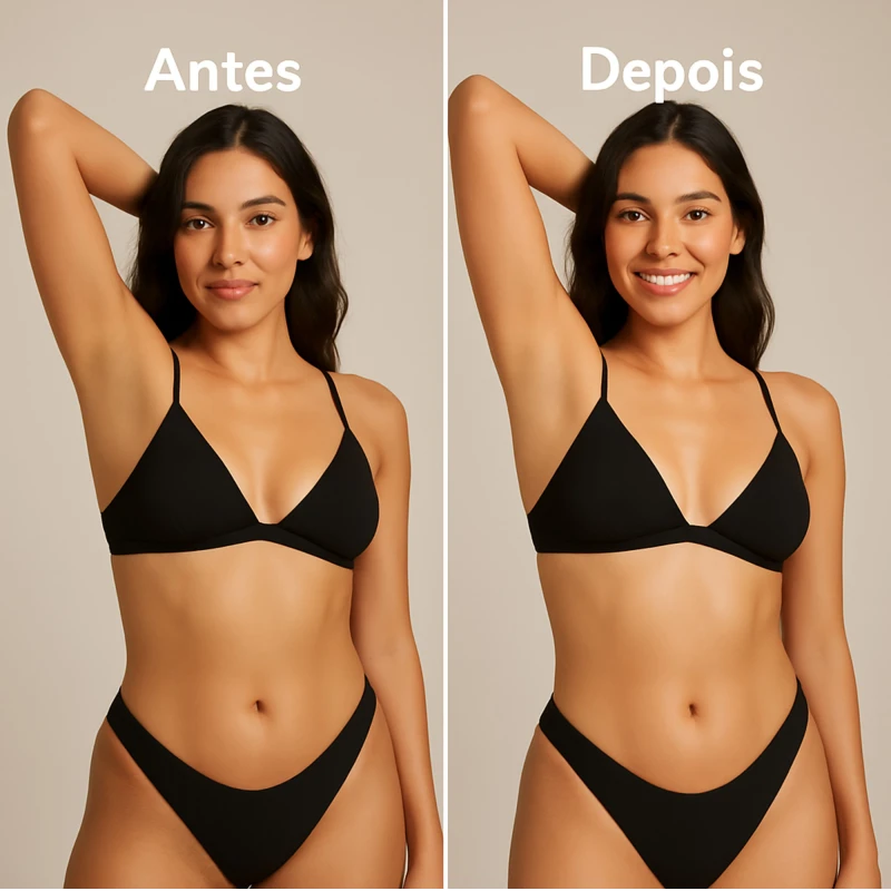 Antes e depois do Kit Clareador Axila e Virilha Labotrat — virilha com manchas escuras suavizadas e tom mais homogêneo