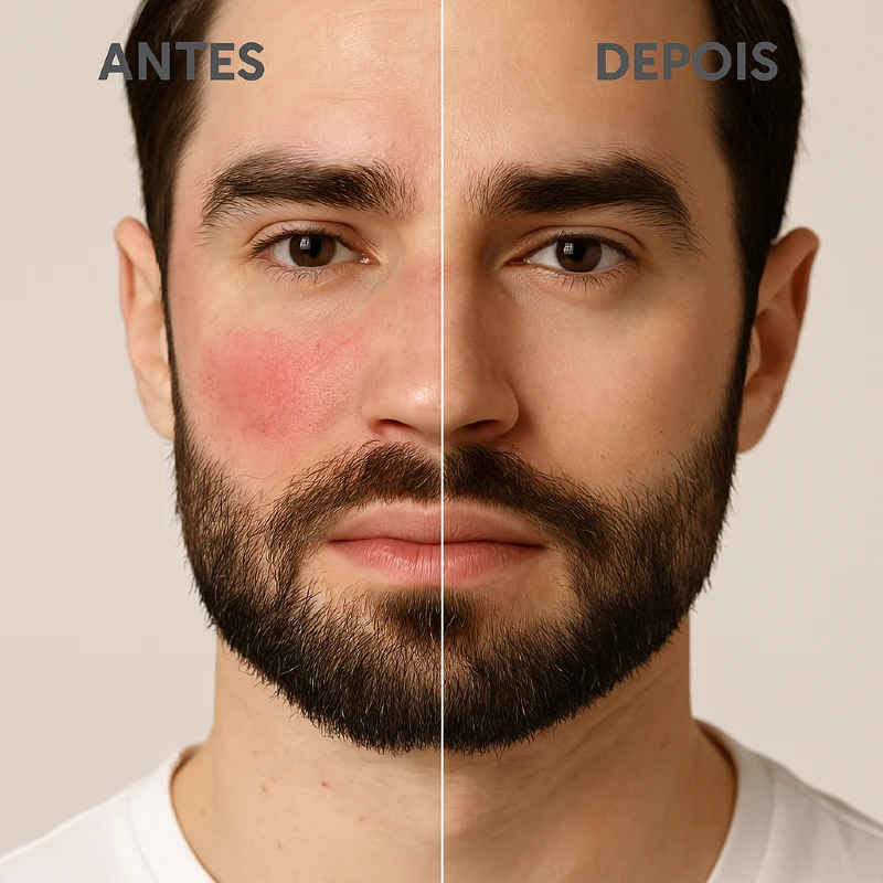 Antes e depois do Kit Pele Sensível Labotrat Dermo Skin - redução da vermelhidão e aparência mais calma em pele masculina