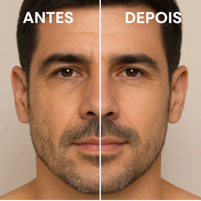 Antes e depois do Kit Facial Retinol LABOTRAT - sinais de expressão suavizados e textura uniforme