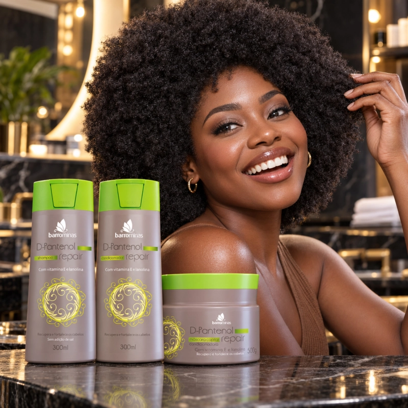 Kit Hidratação Intensiva D-Pantenol BARROMINAS em cabelo crespo com textura valorizada, brilho natural e menor aparência de ressecamento