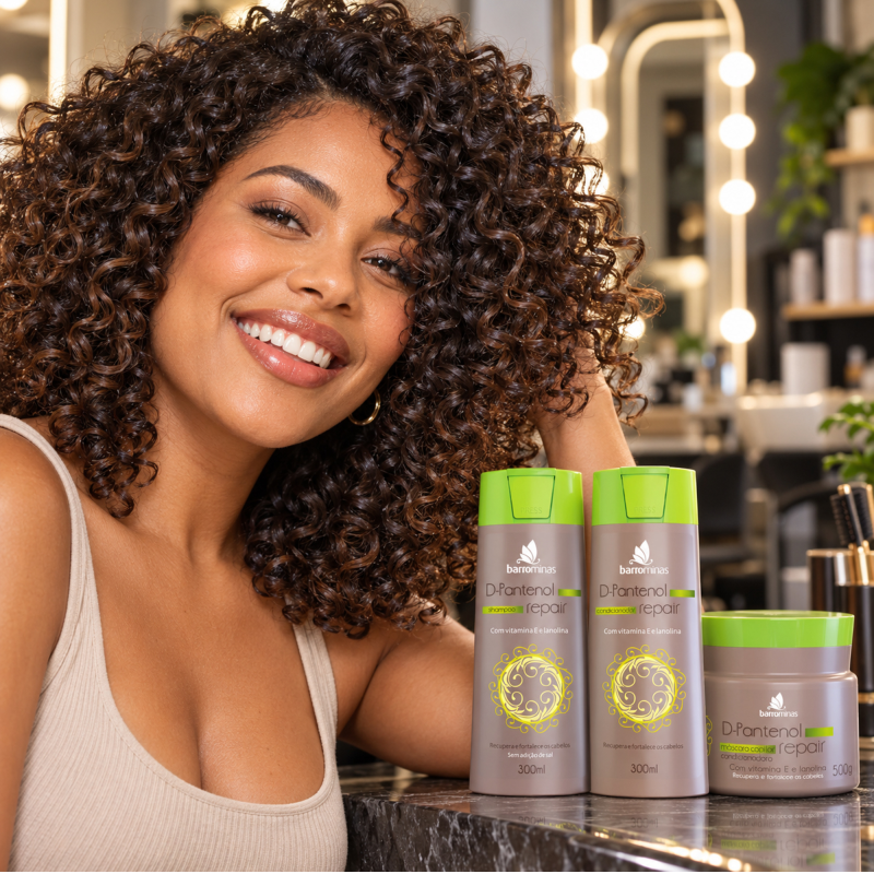 Kit Hidratação Intensiva D-Pantenol BARROMINAS em cabelo cacheado com brilho natural, maciez visual e movimento