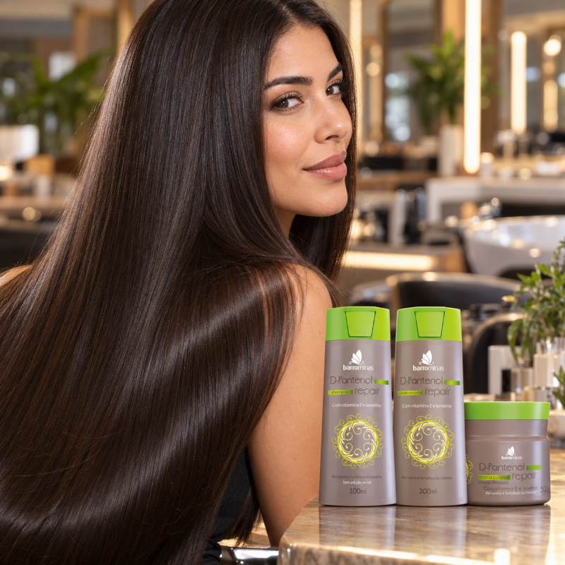 Kit Hidratação Intensiva D-Pantenol BARROMINAS em cabelo liso castanho com aparência hidratada, macia e pontas cuidadas