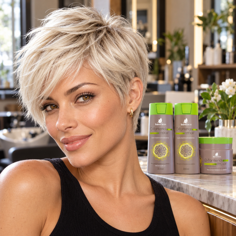 Kit Hidratação Intensiva D-Pantenol BARROMINAS em cabelo platinado curto com aparência hidratada, luminosa e bem cuidada