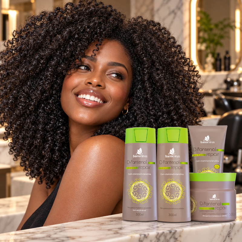 Kit D-Pantenol BARROMINAS em cabelo crespo hidratado com textura valorizada e brilho