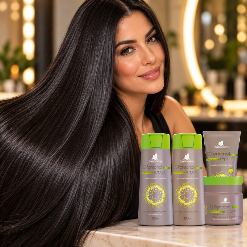 Kit D-Pantenol BARROMINAS em cabelo preto liso com brilho sedoso e alinhamento visual