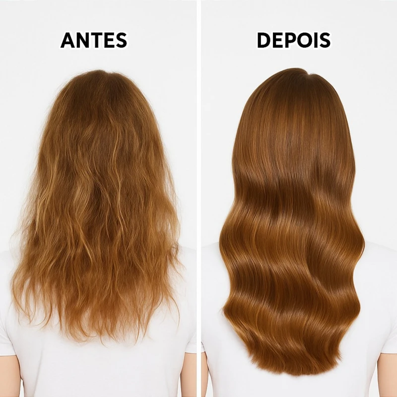 Antes e depois do uso do Kit Hidratação e Reparação Babosa BARROMINAS em cabelos desidratados