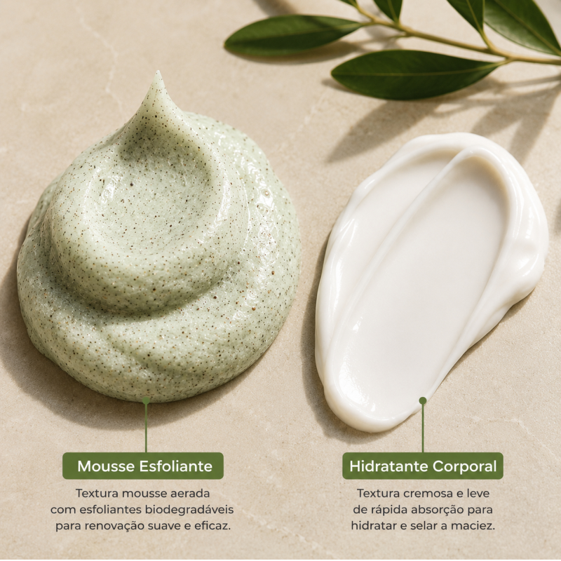 Texturas do Kit Mousse Esfoliante e Hidratante Corporal LABOTRAT Green Breeze mostrando mousse esfoliante verde aerado e hidratante branco cremoso