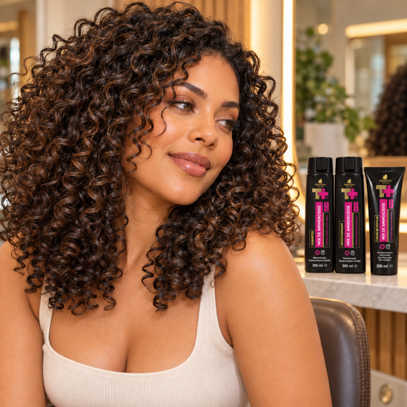 Kit shampoo condicionador e creme para pentear BARROMINAS Mix de Aminoácidos em cabelo cacheado com definição e brilho
