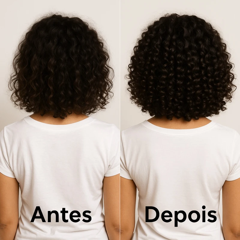 Antes e depois em cabelos cacheados com o Kit Vegano COSMECEUTA Crescimento Acelerado – redução da queda e fios encorpados