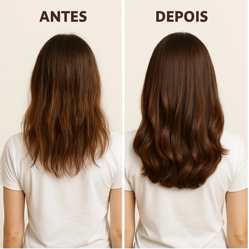 Antes e depois com o Kit Vegano COSMECEUTA Crescimento Acelerado – tratamento completo para queda de cabelo e fios fracos