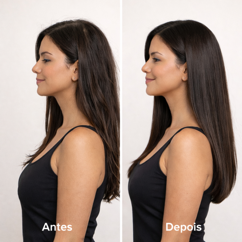 Antes e depois do uso do Leave-in Termoprotetor Cresce Fio BARROMINAS mostrando redução da quebra e mais brilho