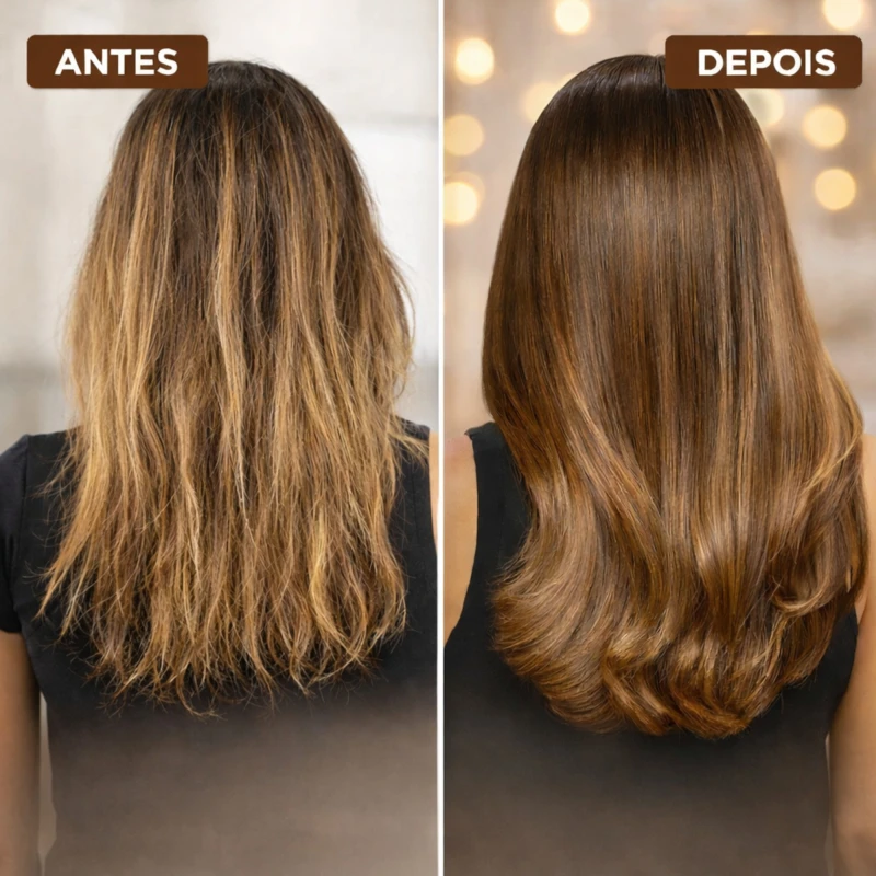 Antes e depois do tratamento com a Linha BARROMINAS Café Especial em cabelo castanho: redução de frizz e brilho visível