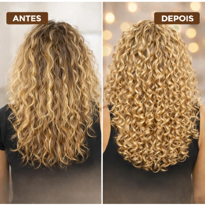 Transformação do cabelo loiro cacheado após o uso da Linha BARROMINAS Café Especial – definição, maciez e controle de volume