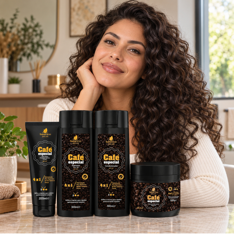 Linha Café Especial BARROMINAS em cabelo relaxado quimicamente tratado com controle visual de frizz