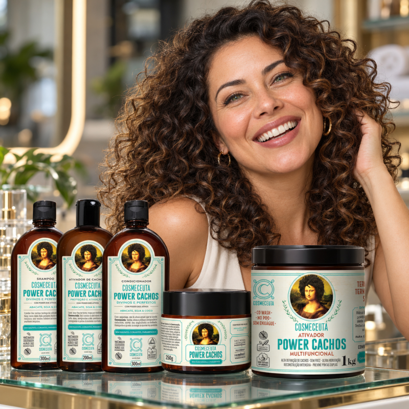 Cachos hidratados com movimento e Kit Tratamento Completo Linha Power Cachos COSMECEUTA