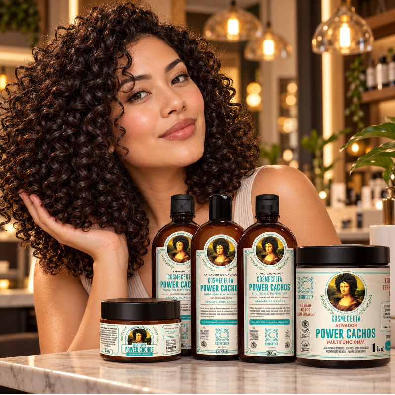Cachos com frizz controlado e kit Power Cachos com shampoo, condicionador, máscara, leave-in e ativador