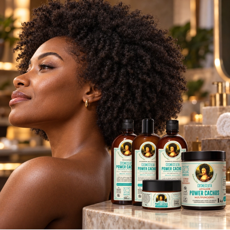 Cabelo crespo definido e hidratado com o kit completo Power Cachos COSMECEUTA