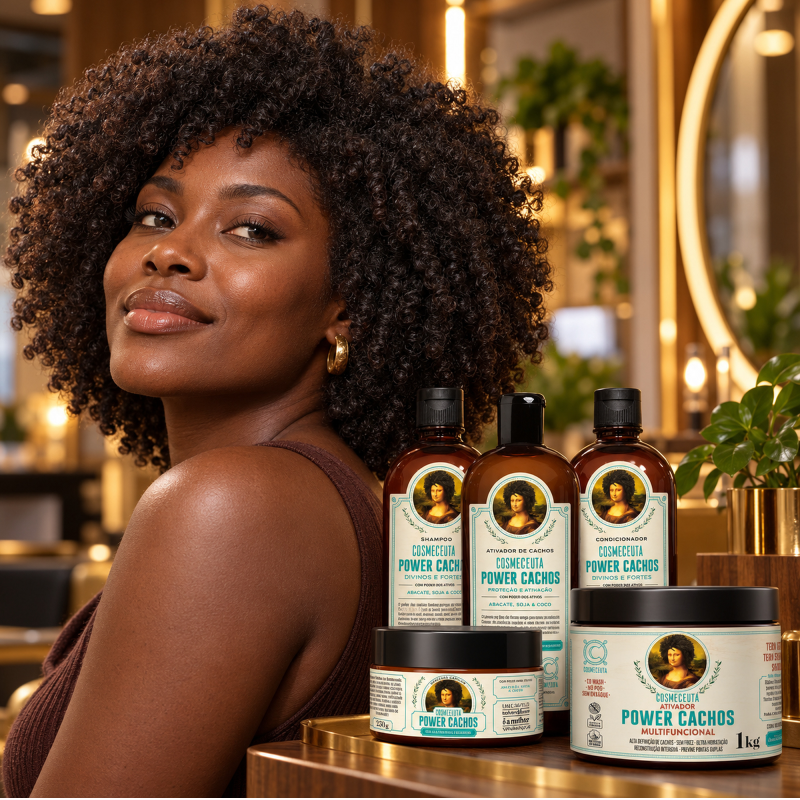Cabelo crespo com volume e maciez junto à linha completa Power Cachos COSMECEUTA