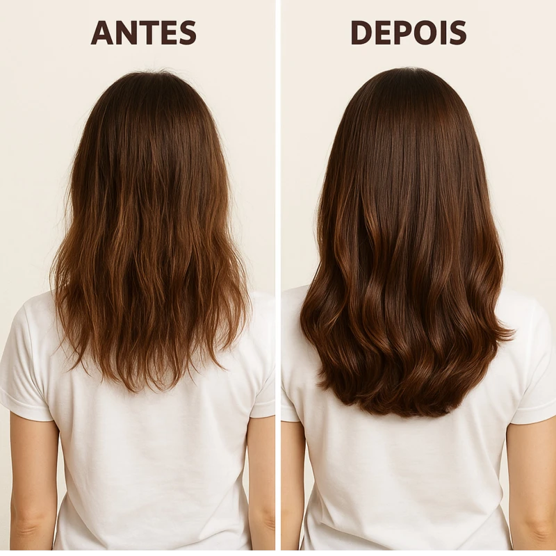 Antes e depois com o Linha Vegana COSMECEUTA Crescimento – tratamento completo para queda de cabelo e fios fracos