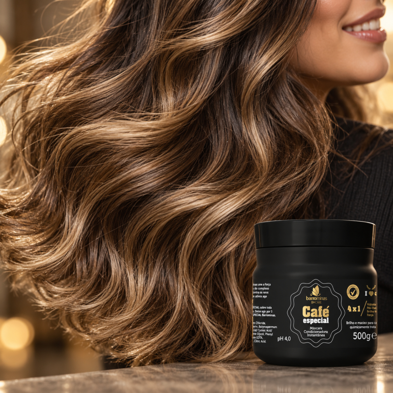 Máscara Condicionadora Café Especial BARROMINAS 500g brilho intenso e movimento em cabelo pós-química
