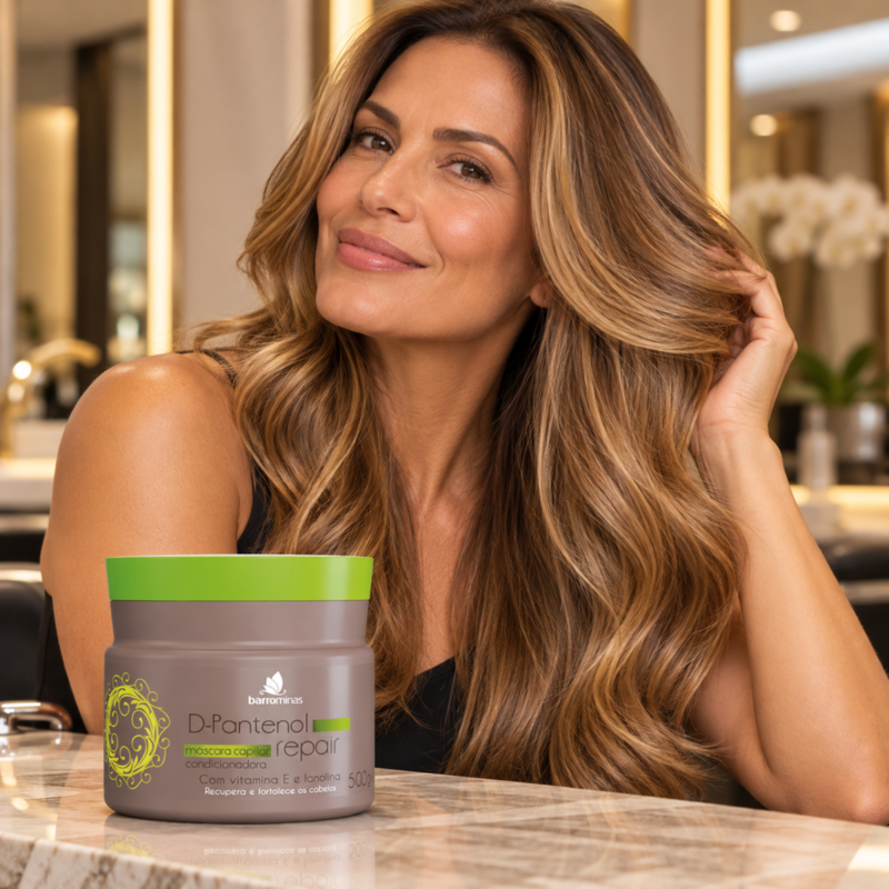 Máscara D-Pantenol Repair BARROMINAS em cabelo hidratado, tratado, com brilho natural e pontas visualmente cuidadas