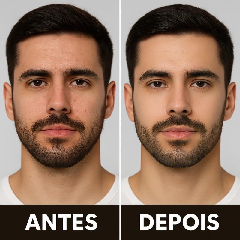 Antes e depois – pele branca com melhora visível na oleosidade e nos poros após uso da Máscara Detox Facial Mr Thomas Men Care
