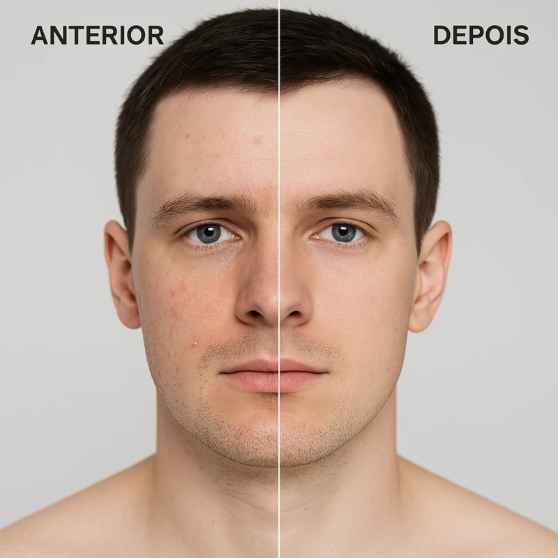 Antes e depois – pele clara com redução da oleosidade e aparência mais uniforme após uso da Máscara Detox Facial Mr Thomas Men Care