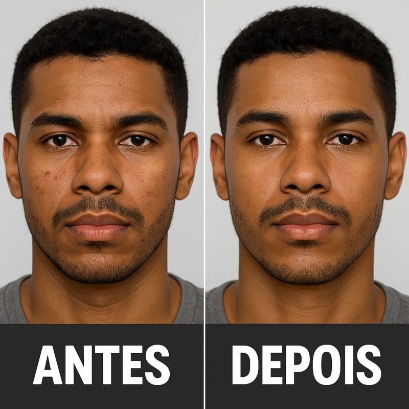 Antes e depois – pele morena com aparência mais uniforme e menos brilho após uso da Máscara Detox Facial Mr Thomas Men Care